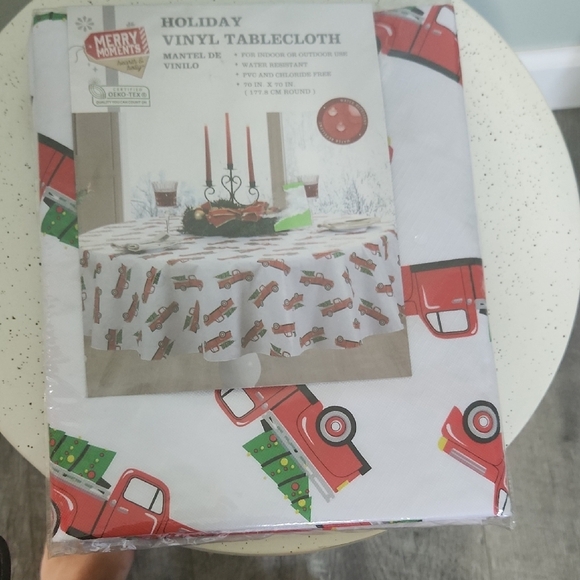 Holiday Vinyl Tablecloth with Red Truck Design - Picture 1 of 2